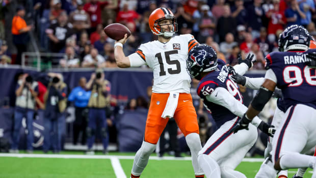Jan 13, 2024; Houston, Texas, USA; Cleveland Browns quarterback Joe Flacco (15) throws the ball during the second quarter in a 2024 AFC wild card game at NRG Stadium.